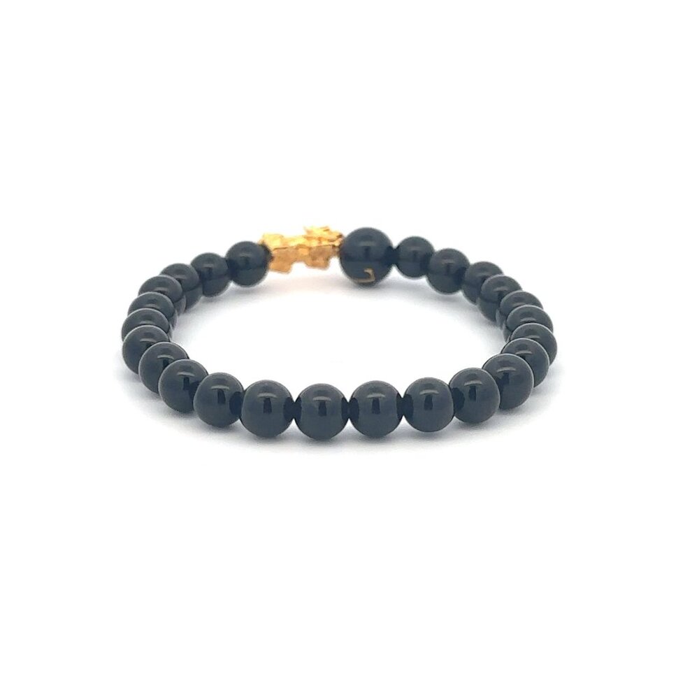 18K Gold Pixiu Piyao Bracelet Gemstones Onyx 6mm Elastic Bracelet Letter L - Picture 3 of 5